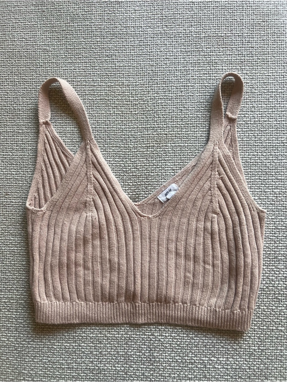 aerie Ribbed V-Neck Tank Top in Light Taupe - medium